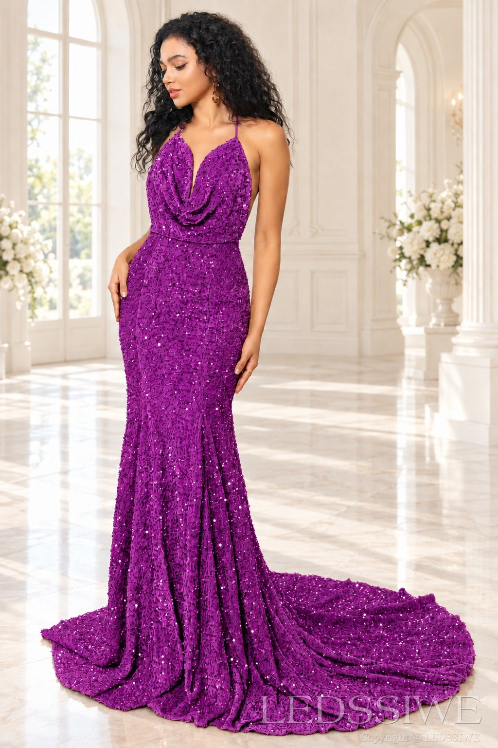 Purple sequin mermaid prom dress halter cowl neck front
