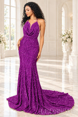 Purple sequin mermaid prom dress halter cowl neck front