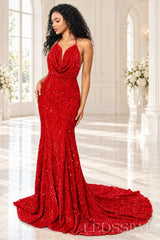Red sequin mermaid prom dress halter cowl neck front