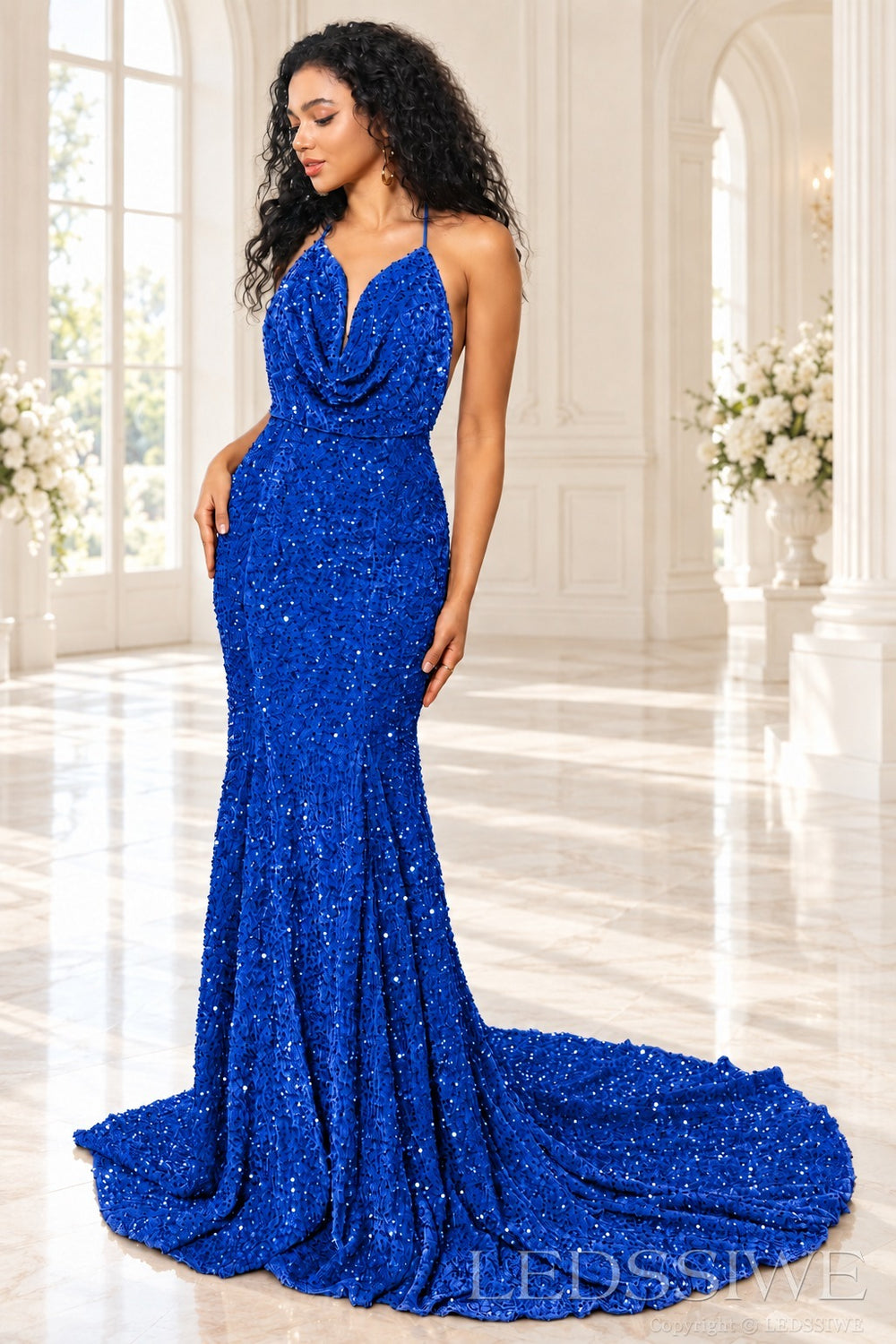 Royal Blue sequin mermaid prom dress halter cowl neck front