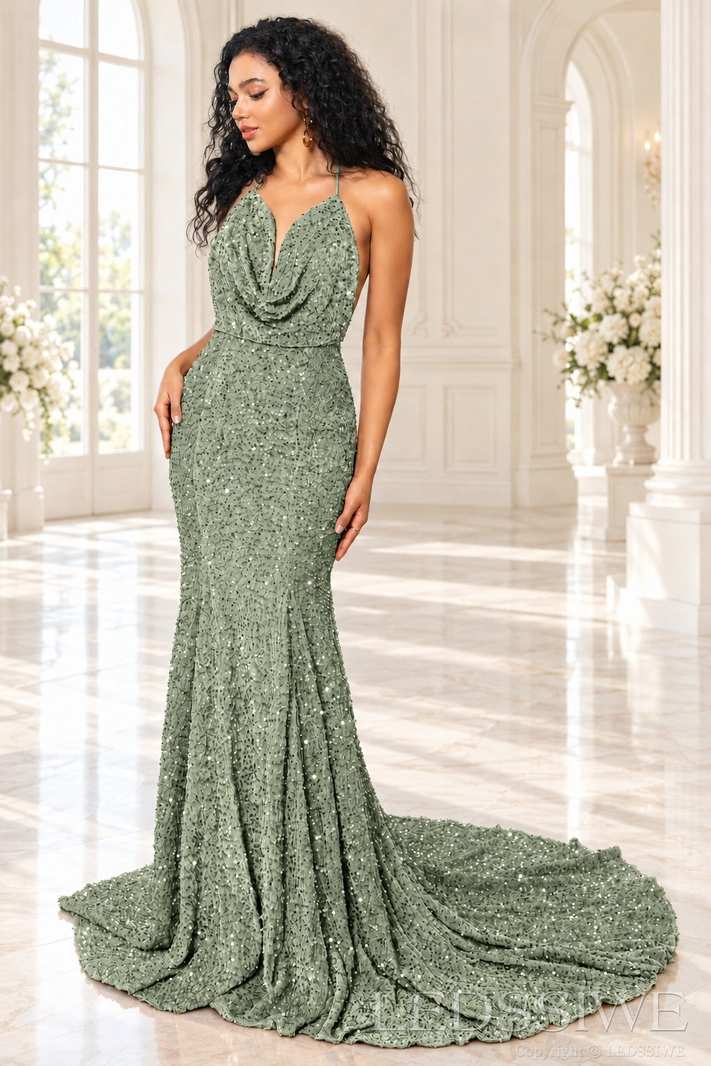 Sage sequin mermaid prom dress halter cowl neck front
