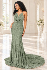 Sage sequin mermaid prom dress halter cowl neck front