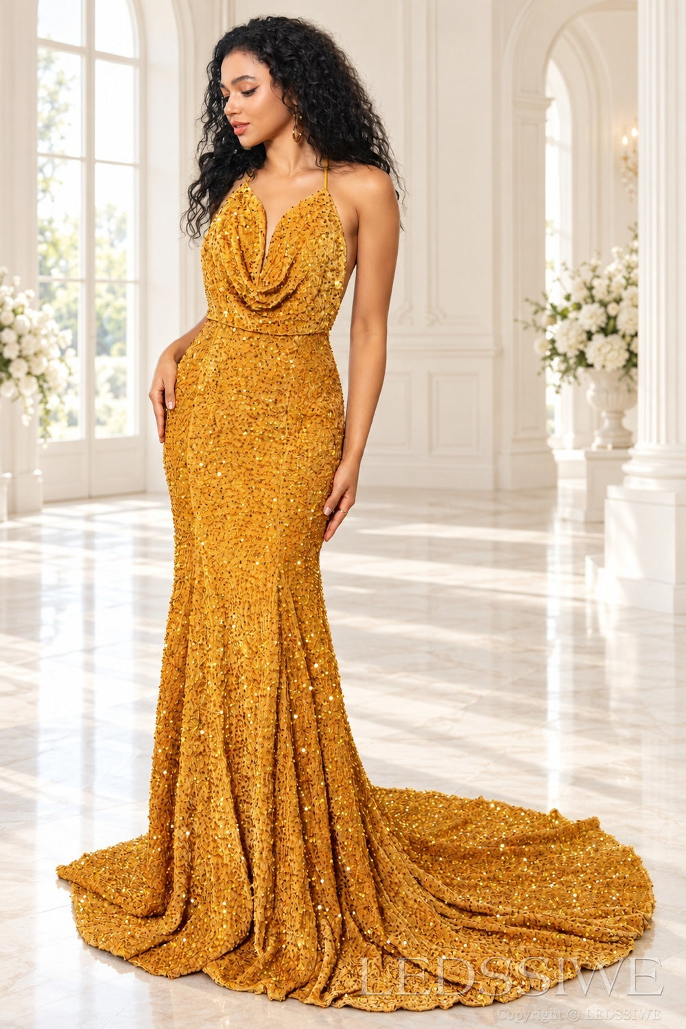 Gold sequin mermaid prom dress halter cowl neck front