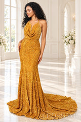 Gold sequin mermaid prom dress halter cowl neck front
