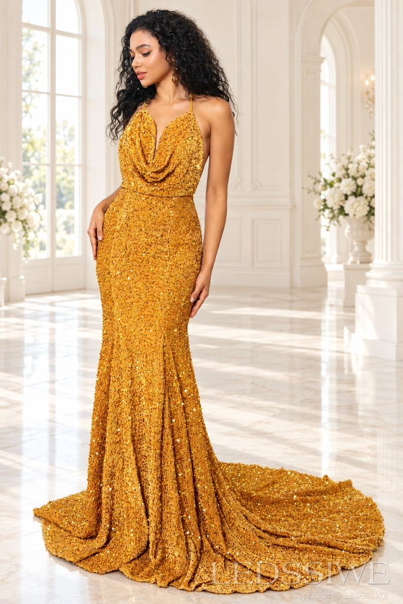 Gold sequin mermaid prom dress halter cowl neck front