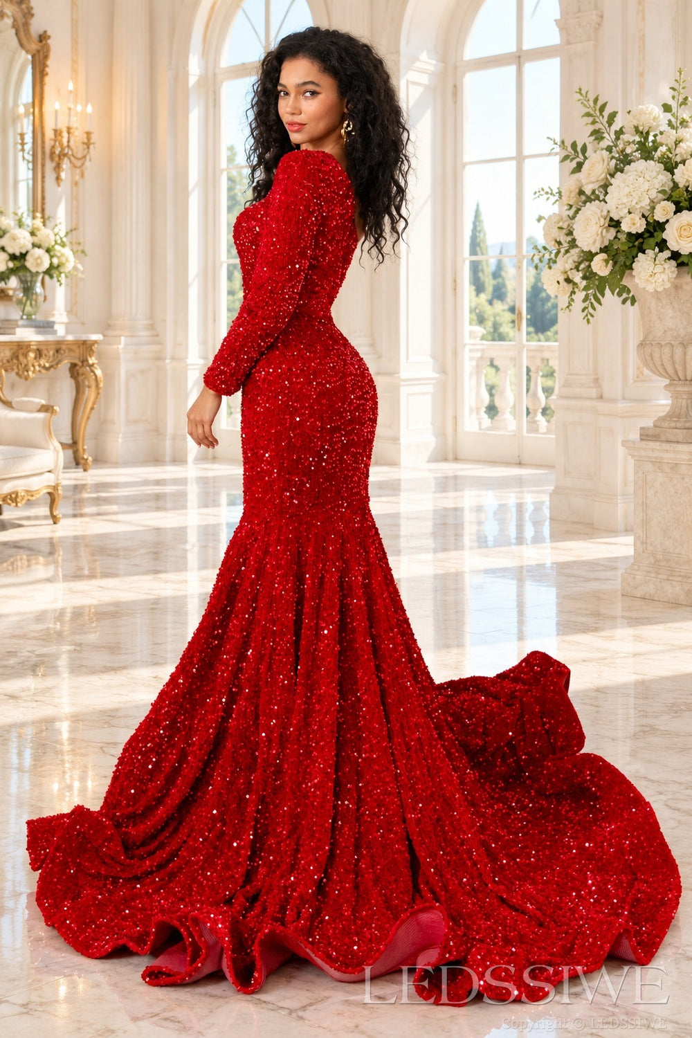 Red sequin mermaid prom dress covered back and flounce train back view