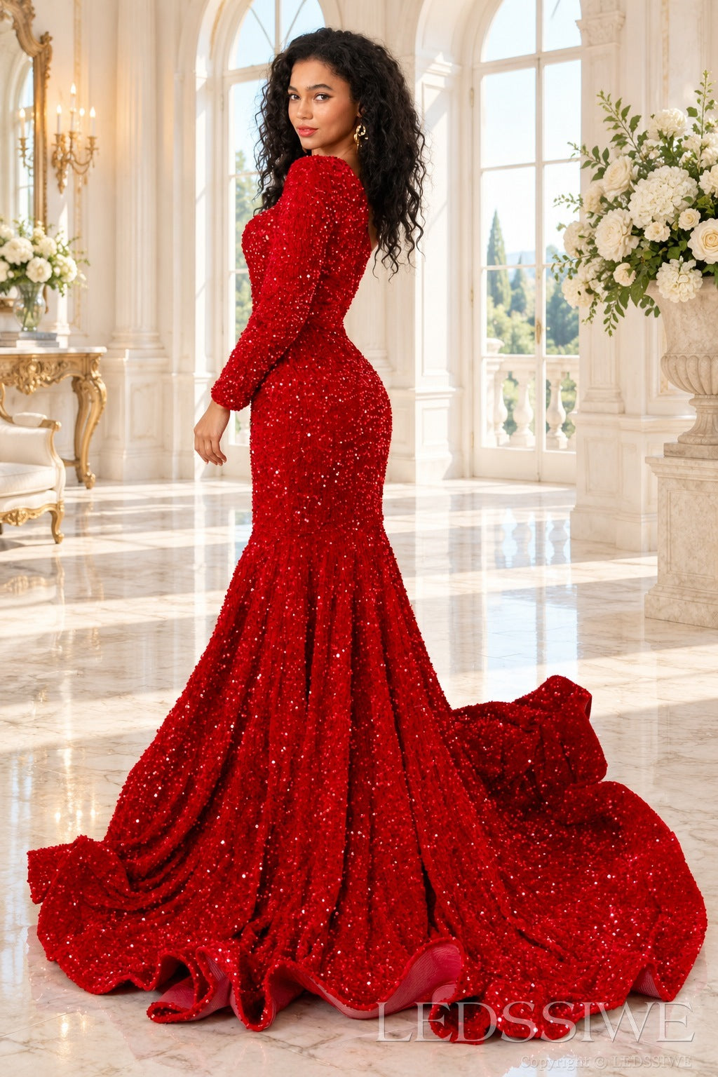 Red sequin mermaid prom dress covered back and flounce train back view