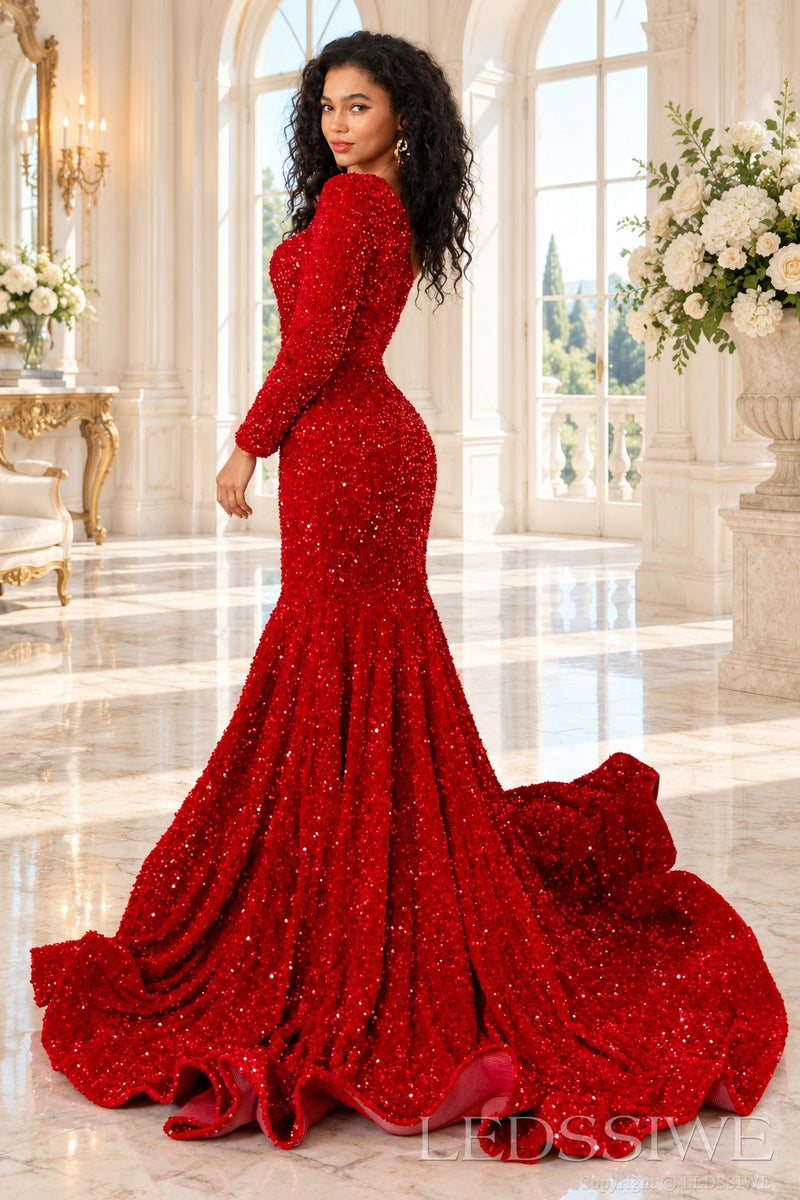 Red sequin mermaid prom dress covered back and flounce train back view