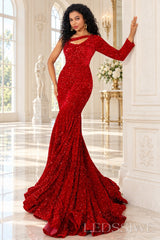 Red sequin one-shoulder mermaid prom dress ruffled flounce train detail