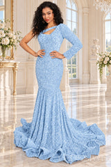 Dusty Blue sequin one-shoulder mermaid prom dress long sleeve cutout front