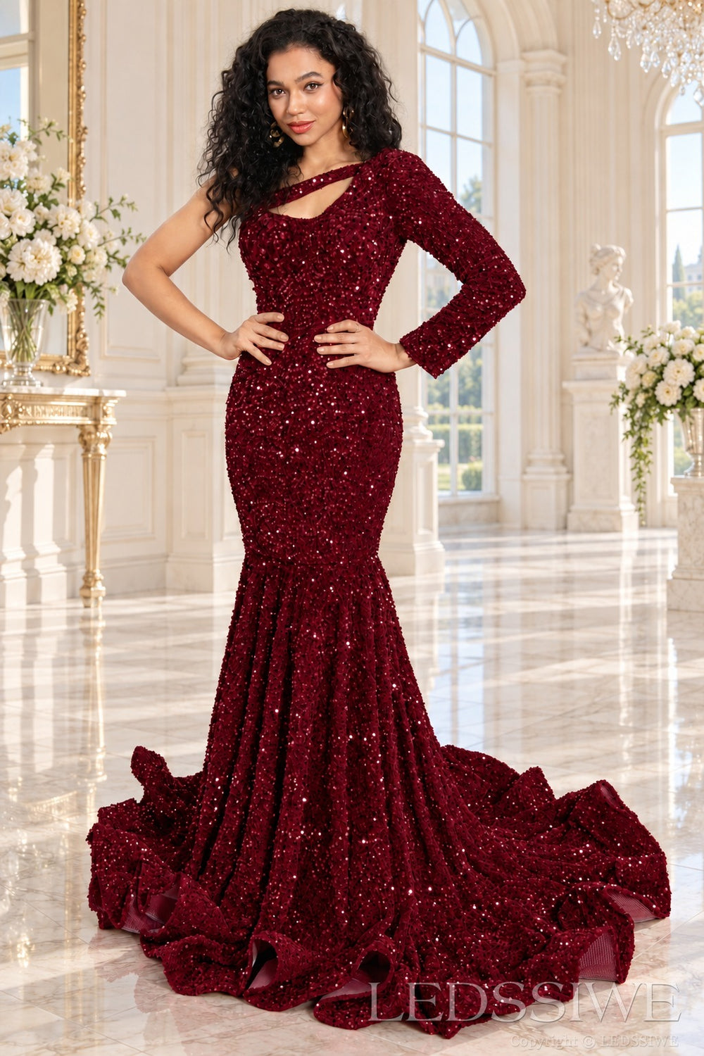 Burgundy sequin one-shoulder mermaid prom dress long sleeve cutout front