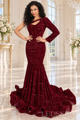 Burgundy sequin one-shoulder mermaid prom dress long sleeve cutout front