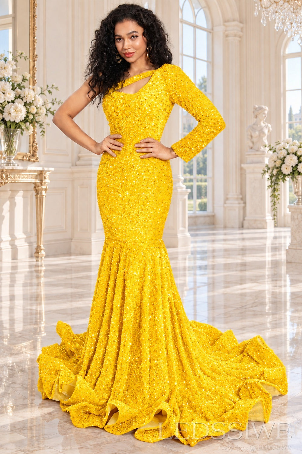 Daffodil sequin one-shoulder mermaid prom dress long sleeve cutout front