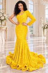 Daffodil sequin one-shoulder mermaid prom dress long sleeve cutout front