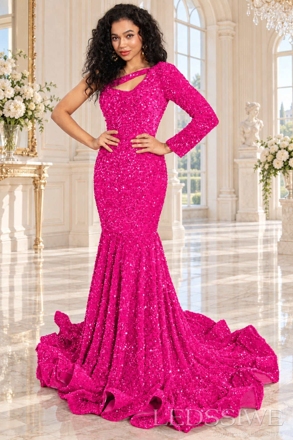 Fuchsia sequin one-shoulder mermaid prom dress long sleeve cutout front