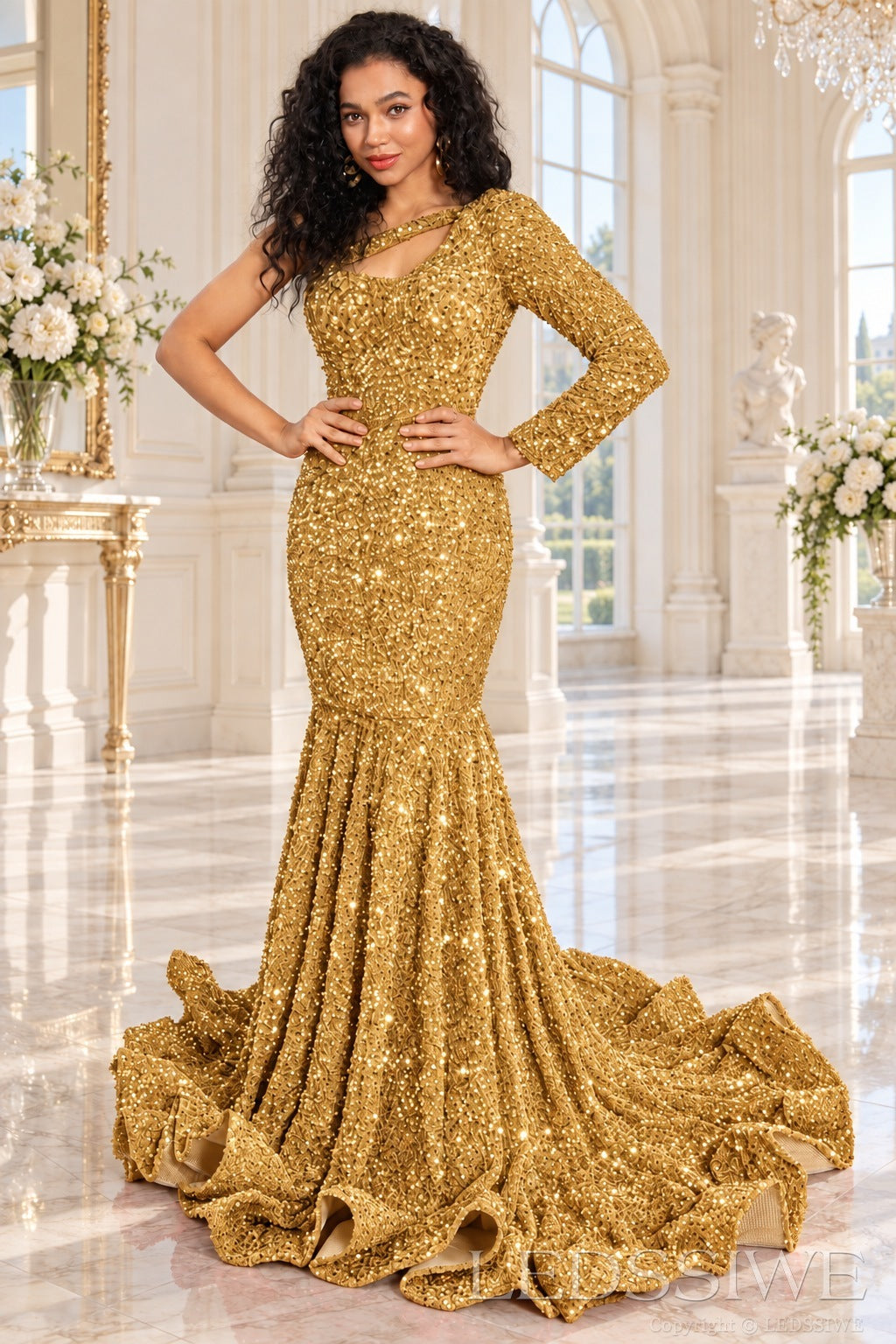 Gold sequin one-shoulder mermaid prom dress long sleeve cutout front