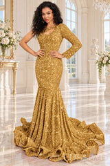 Gold sequin one-shoulder mermaid prom dress long sleeve cutout front