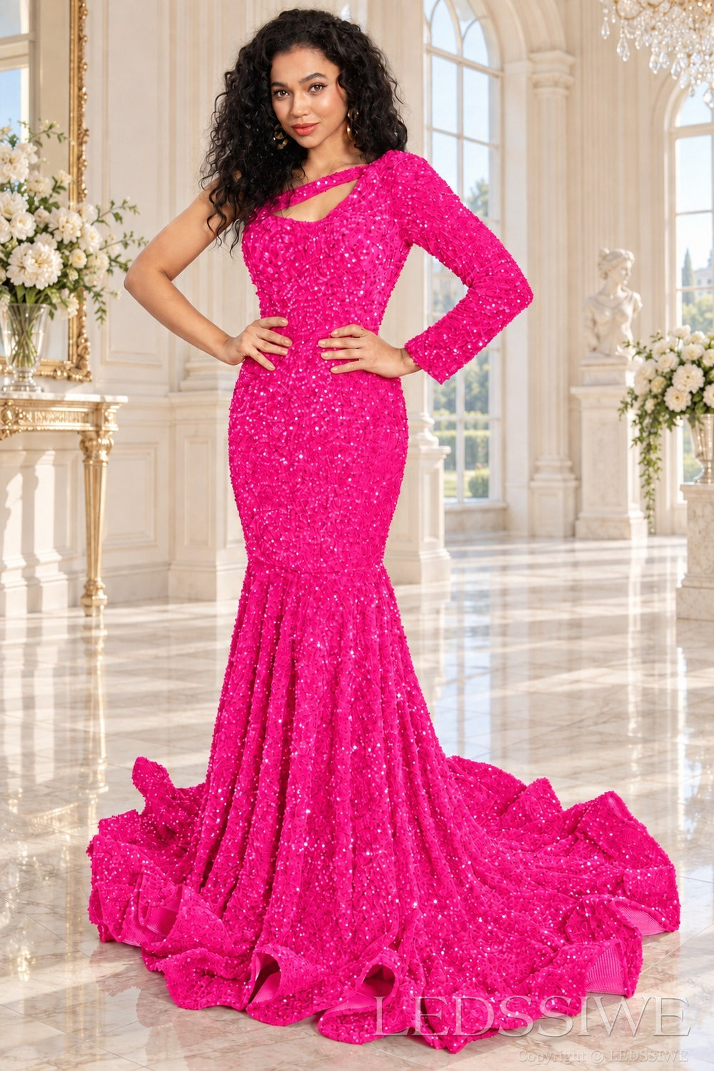 Hot Pink sequin one-shoulder mermaid prom dress long sleeve cutout front