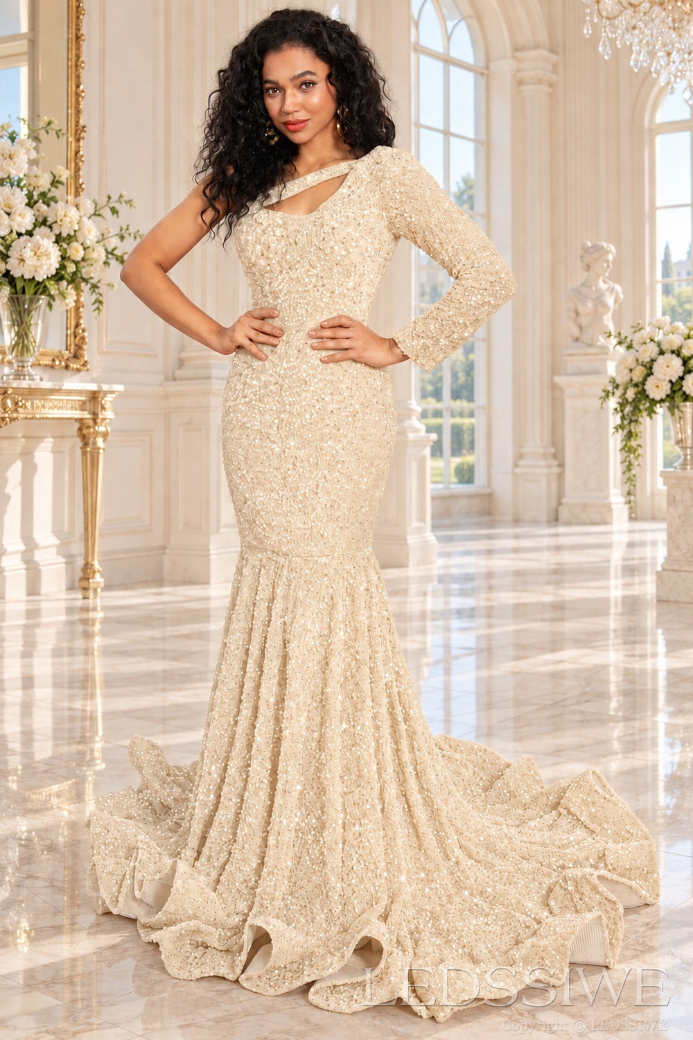 Ivory sequin one-shoulder mermaid prom dress long sleeve cutout front