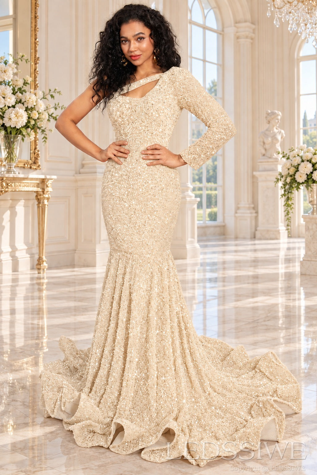 Ivory sequin one-shoulder mermaid prom dress long sleeve cutout front