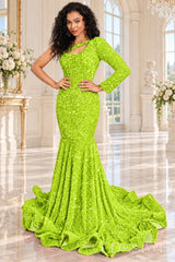 Lime Green sequin one-shoulder mermaid prom dress long sleeve cutout front