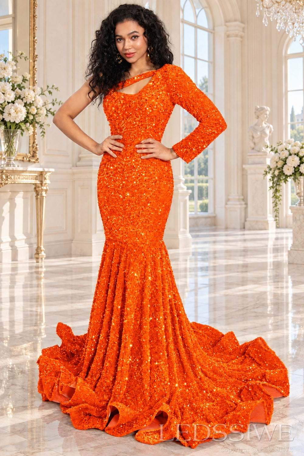 Orange sequin one-shoulder mermaid prom dress long sleeve cutout front