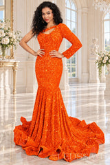 Orange sequin one-shoulder mermaid prom dress long sleeve cutout front
