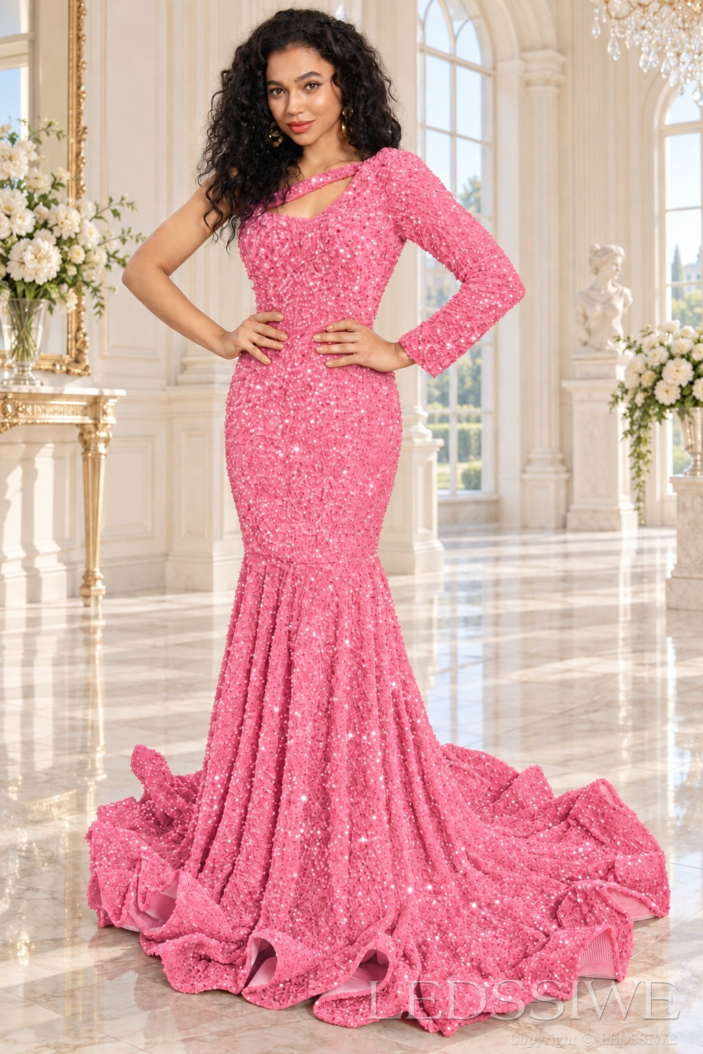 Pink sequin one-shoulder mermaid prom dress long sleeve cutout front