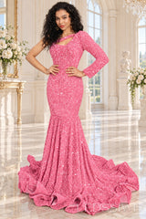 Pink sequin one-shoulder mermaid prom dress long sleeve cutout front