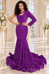 Purple sequin one-shoulder mermaid prom dress long sleeve cutout front