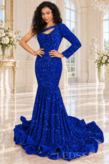 Royal Blue sequin one-shoulder mermaid prom dress long sleeve cutout front