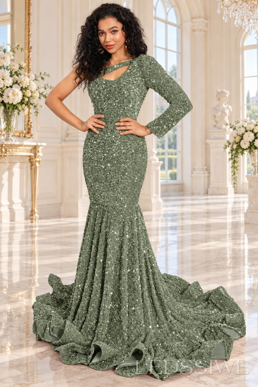 Sage sequin one-shoulder mermaid prom dress long sleeve cutout front
