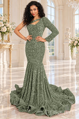 Sage sequin one-shoulder mermaid prom dress long sleeve cutout front