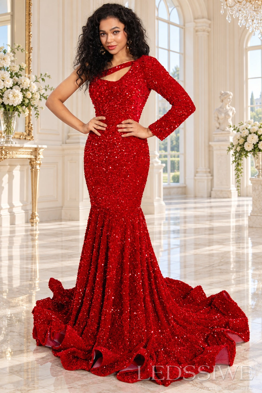 Red sequin one-shoulder mermaid prom dress long sleeve cutout front