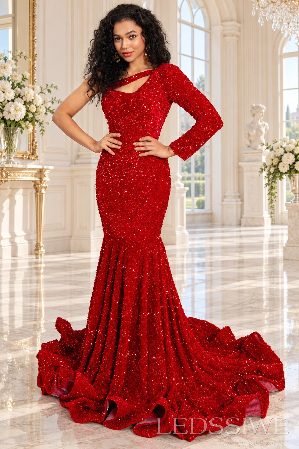 Red sequin one-shoulder mermaid prom dress long sleeve cutout front
