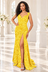 daffodil sequin off-the-shoulder mermaid prom dress high slit front