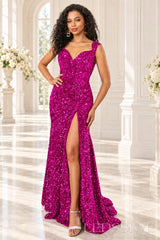 fuchsia sequin off-the-shoulder mermaid prom dress high slit front