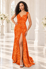 orange sequin off-the-shoulder mermaid prom dress high slit front
