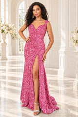 pink sequin off-the-shoulder mermaid prom dress high slit front