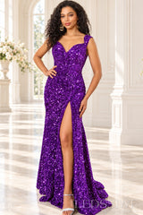 purple sequin off-the-shoulder mermaid prom dress high slit front