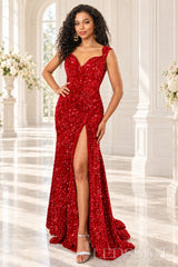 red sequin off-the-shoulder mermaid prom dress high slit front