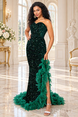 Emerald sequin strapless sweetheart mermaid prom dress open back view