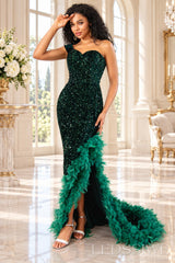 Emerald sequin strapless mermaid prom dress feather high slit and feather train front