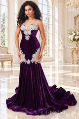 Purple velvet mermaid prom dress silver beaded illusion deep V neckline front