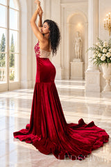 Burgundy velvet mermaid prom dress open illusion corset lace-up tie back