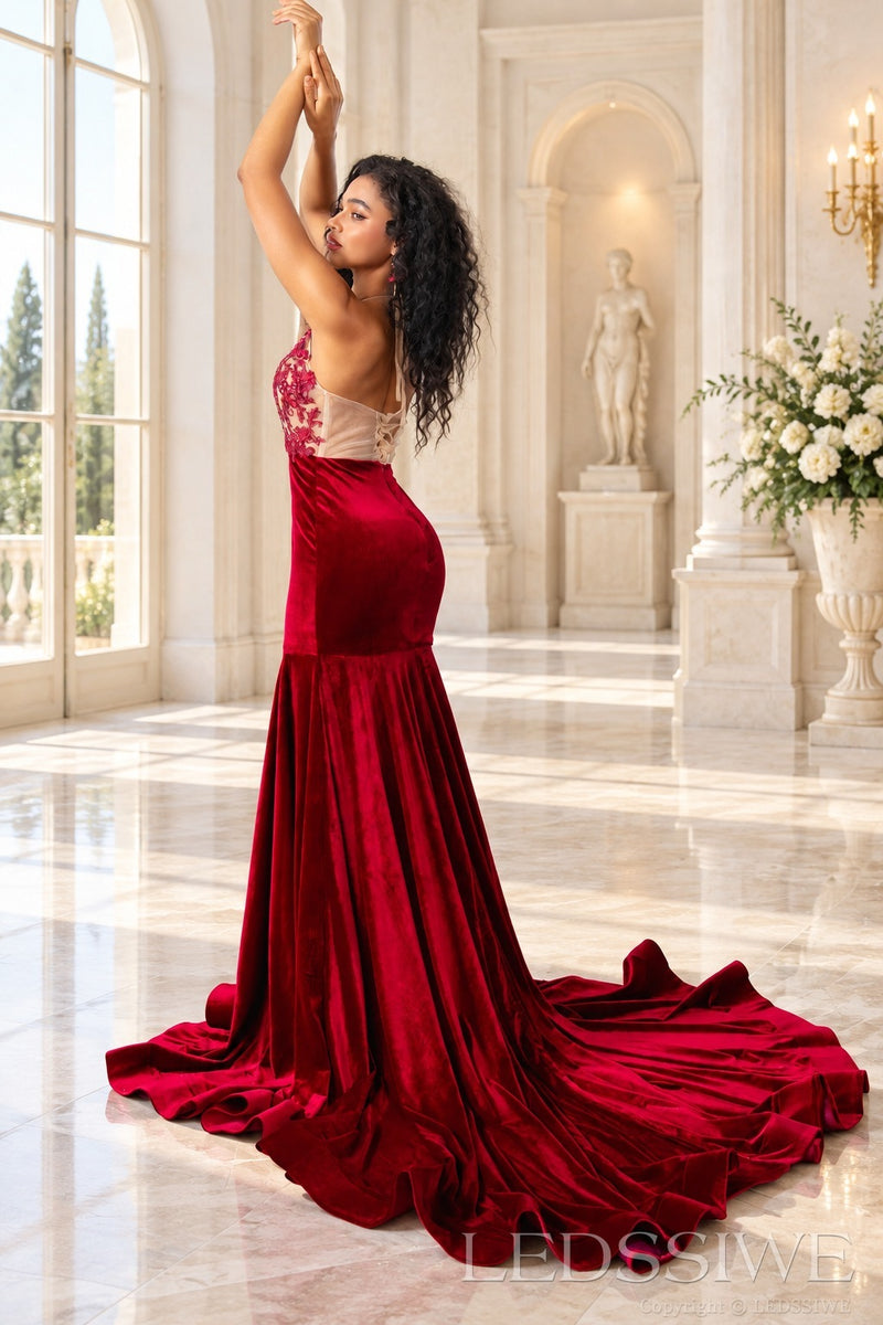 Burgundy velvet mermaid prom dress open illusion corset lace-up tie back