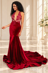 Burgundy velvet mermaid prom dress beaded bodice and chapel train side view