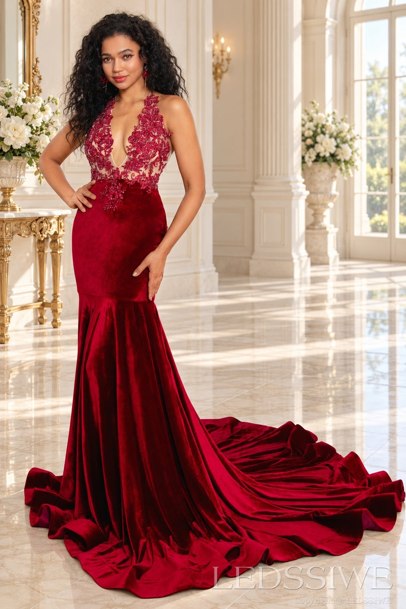 Burgundy velvet mermaid prom dress beaded halter illusion deep V front