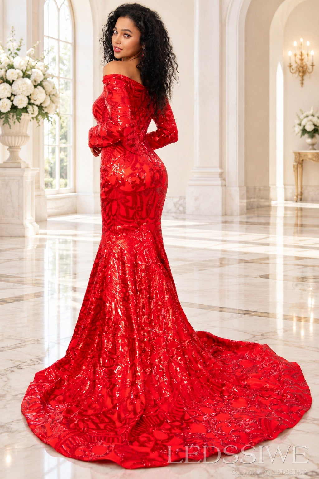 Red sequin mermaid prom dress fully covered back and chapel train