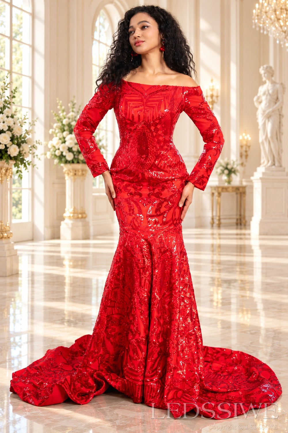 Red off-the-shoulder long sleeve sequin mermaid prom dress side view